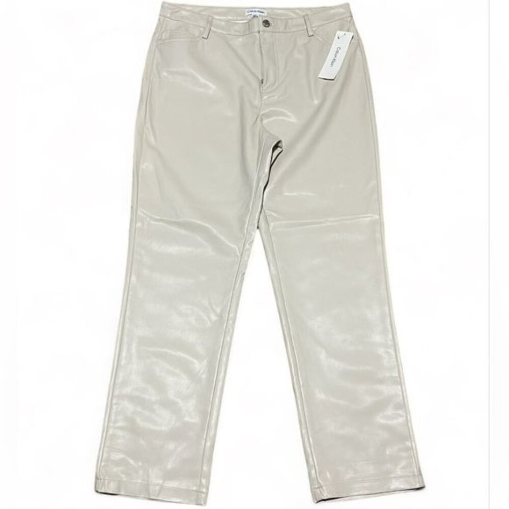 Calvin Klein Pant Women’s 10 Beige Faux Leather Straight Leg New - Picture 2 of 7